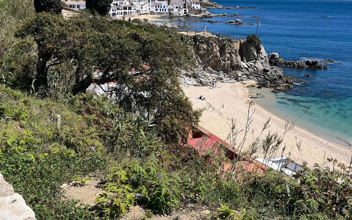 A small sandy cove below a wooded headland, with a whitewashed village on the rocks above