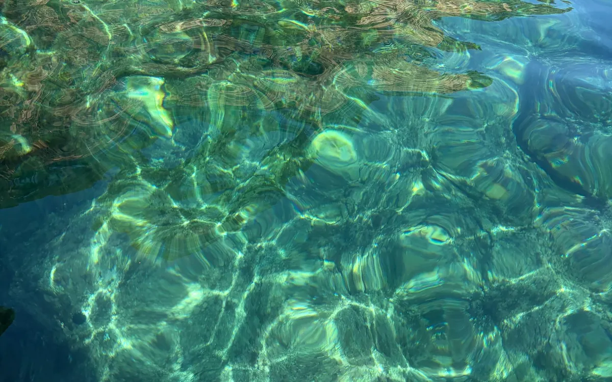 Sunlight falling through shallow water onto a rocky seabed, seen from the surface