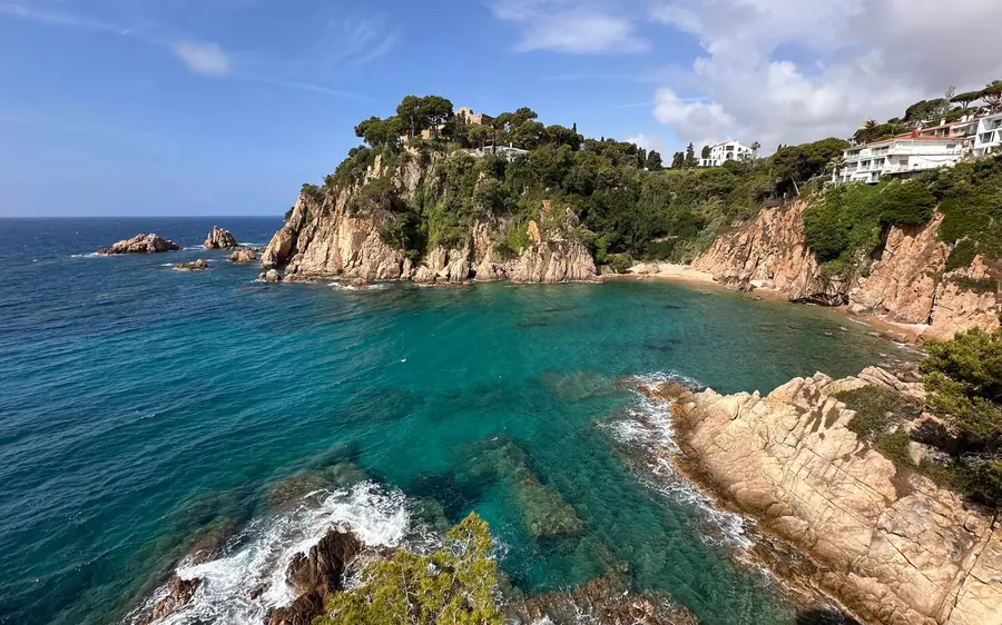 A turquoise cove below a pine-topped headland with white houses